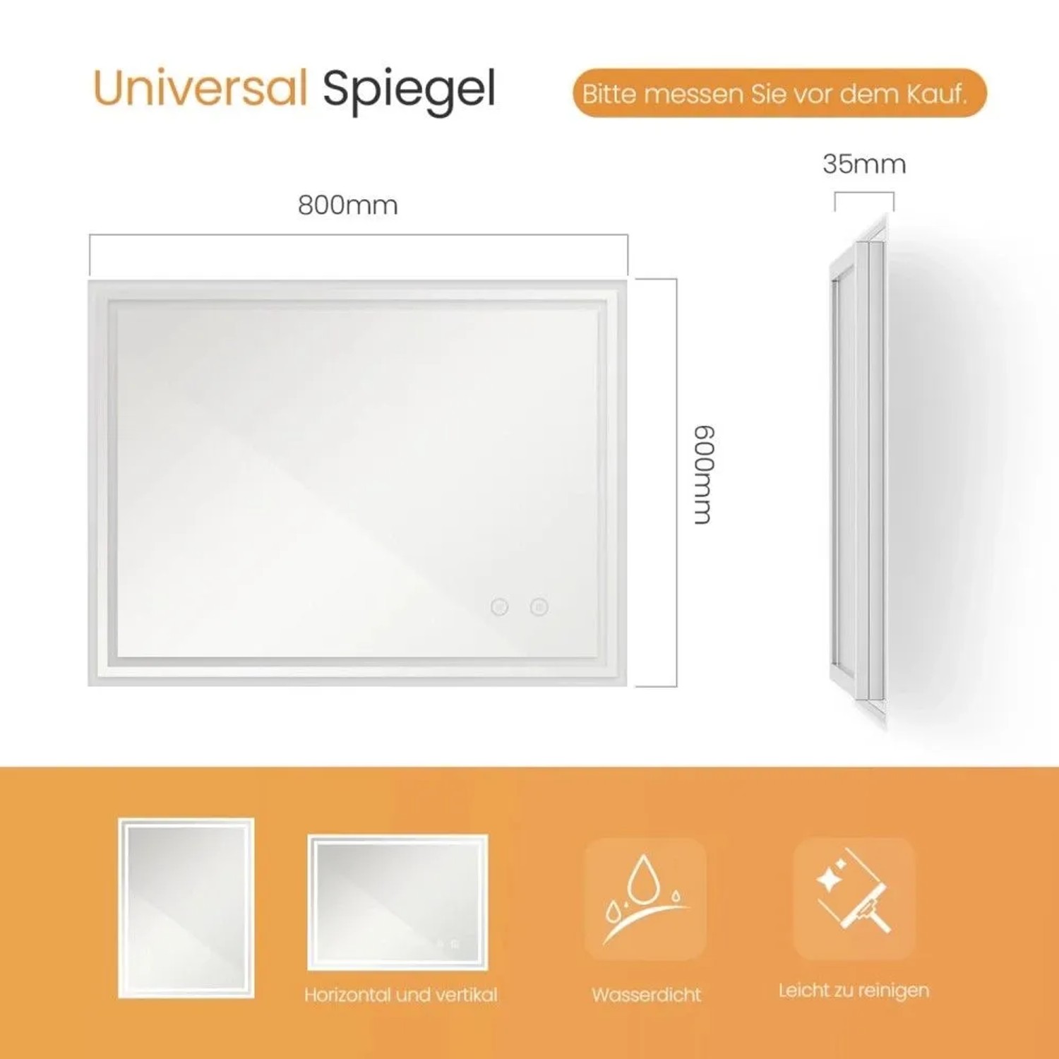Rechteckiger Emke LED-Badspiegel 80x60 cm mit Beleuchtung, Touchschalter und Anti-Beschlag-Funktion. Horizontal/vertikal montierbar.