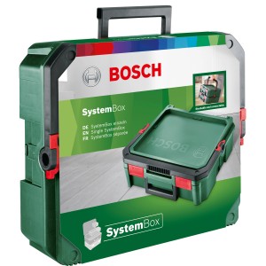 Bosch Systembox S, grüner Werkzeugkoffer mit Tragegriff, stapelbar und erweiterbar.