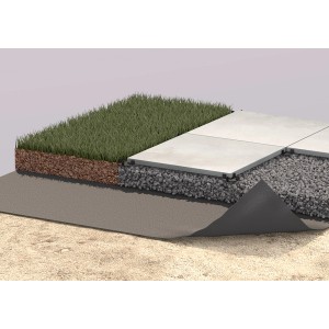 GS Terrassen Geotextil Filtervlies 14m² unter Platten und Rasen im Querschnitt.