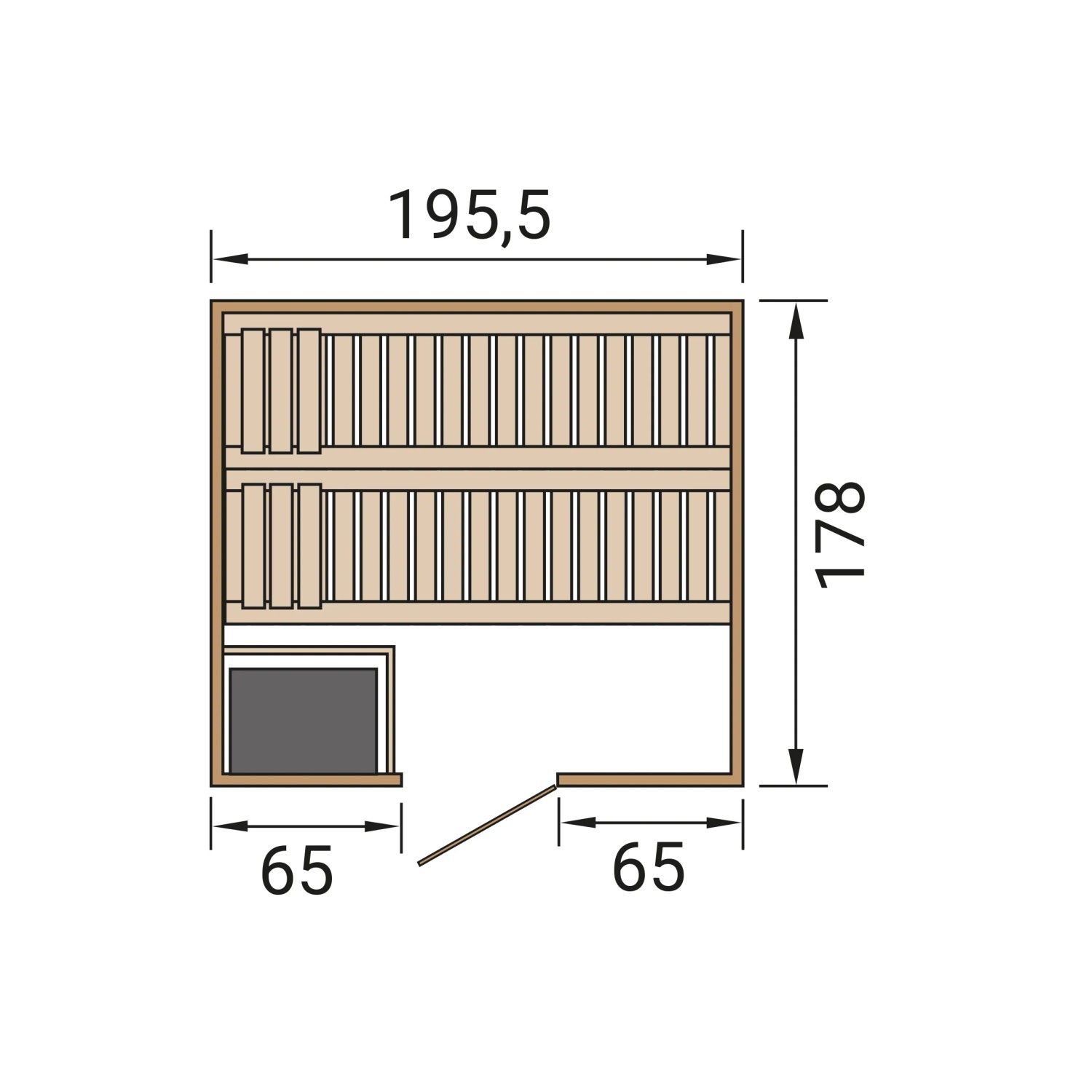 Grundriss Weka Massivholzsauna Bergen 1.8 Sparset mit Maßen: 195,5 x 178 x 65 cm.