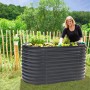 Ovales, anthrazitfarbenes Westmann Metall-Hochbeet (160x80x82cm) mit Bepflanzung und Frau im Garten.