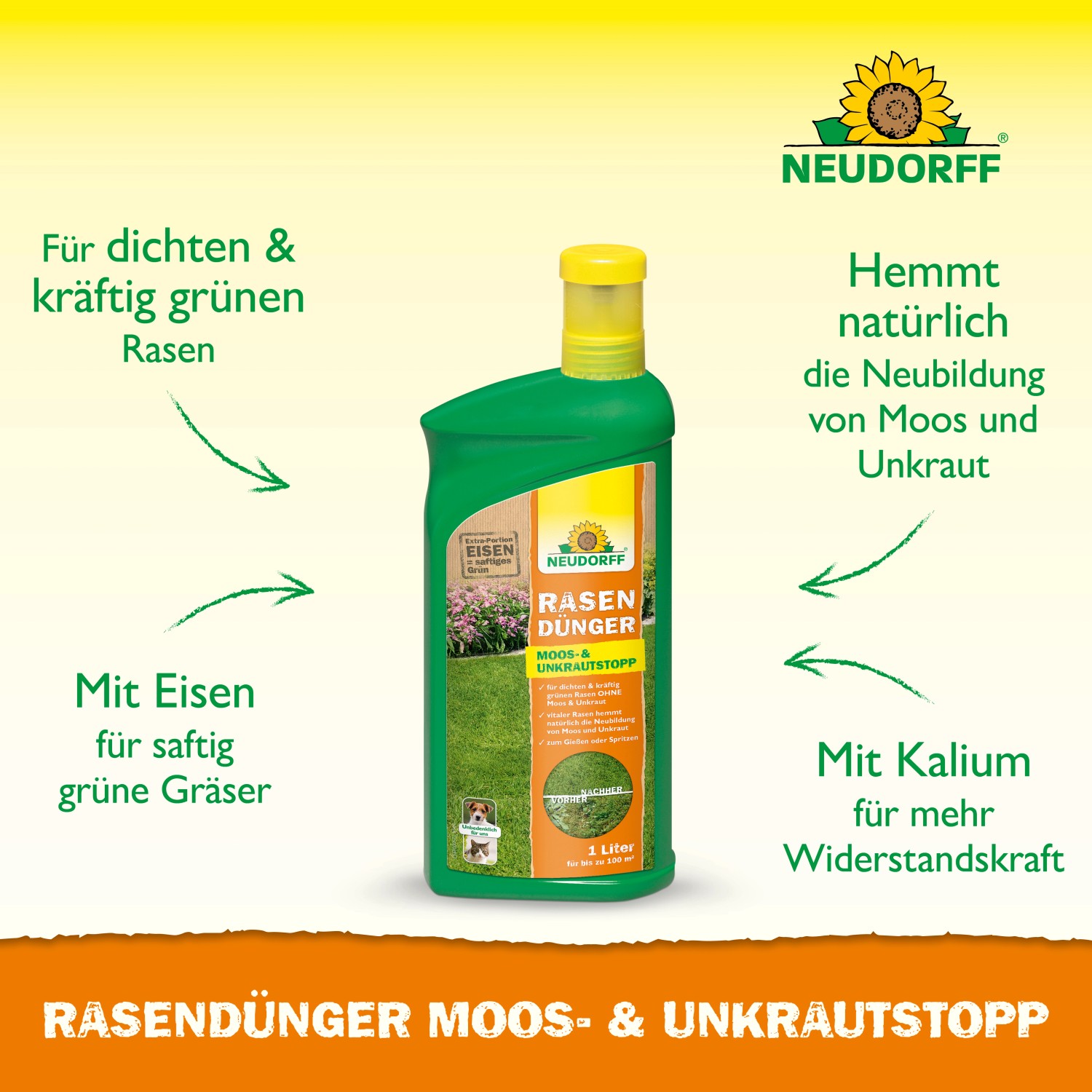 Neudorff Rasendünger Moos- & Unkrautstopp 1L Flasche für dichten, grünen Rasen ohne Moos und Unkraut.