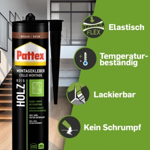 Pattex Montagekleber Holz Braun, 420g Kartusche. Baukleber für Holz und andere Materialien.