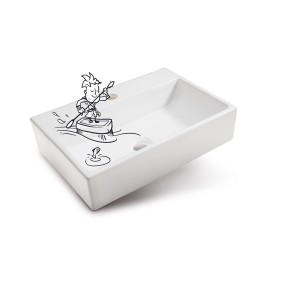 Weißes, eckiges baliv Aufsatzwaschbecken WBA-7020 mit Hahnloch und Comic-Illustration.