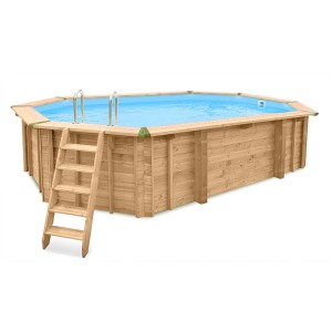 Holzpool Set Java, 6,40x4,00 m, mit Leiter. Holzpool aus Kiefernholz mit blauem Wasser.