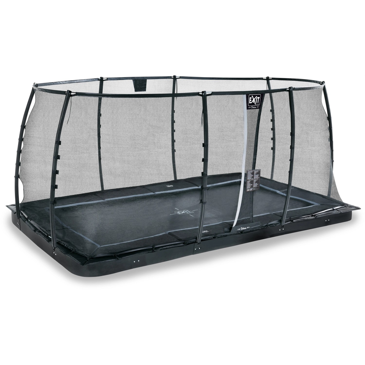 Schwarzes, rechteckiges EXIT Dynamic Bodentrampolin 244x427 cm mit Sicherheitsnetz.
