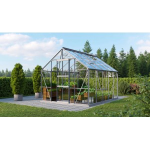 Vitavia Gewächshaus Meridian 1 8300 mit ESG Glas und Alu Rahmen im Garten.