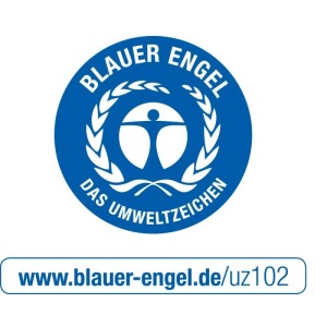 Blauer Engel Logo für Alpinaweiß Wandfarbe. Blaues Siegel mit weißer Figur, Lorbeerkranz & Website-Adresse.