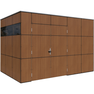 Modernes Bertilo Gartenhaus HPL 2 Italian Walnut, 345x229 cm, mit Fenster und Tür.