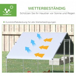 Wetterbeständiges weißes Schatten-Dach des PawHut Hühnerstalls. Schützt Hühner im Outdoor-Laufstall vor Sonne & Regen.