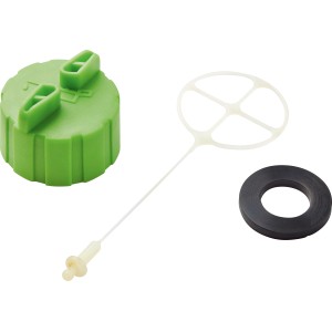 Ersatzteilset für LUX Akku-Kettensäge: Grüner Öldeckel, O-Ring und Ölmesstab.