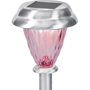 LED-Solarspieß aus Edelstahl mit pinkfarbenem Glas für Garten und Wege.