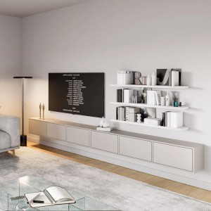 Selsey TV-Hängeboard Framme 300 cm in Kaschmirgrau, wandmontiert, grifflos, im modernen Wohnzimmer unter einem TV.