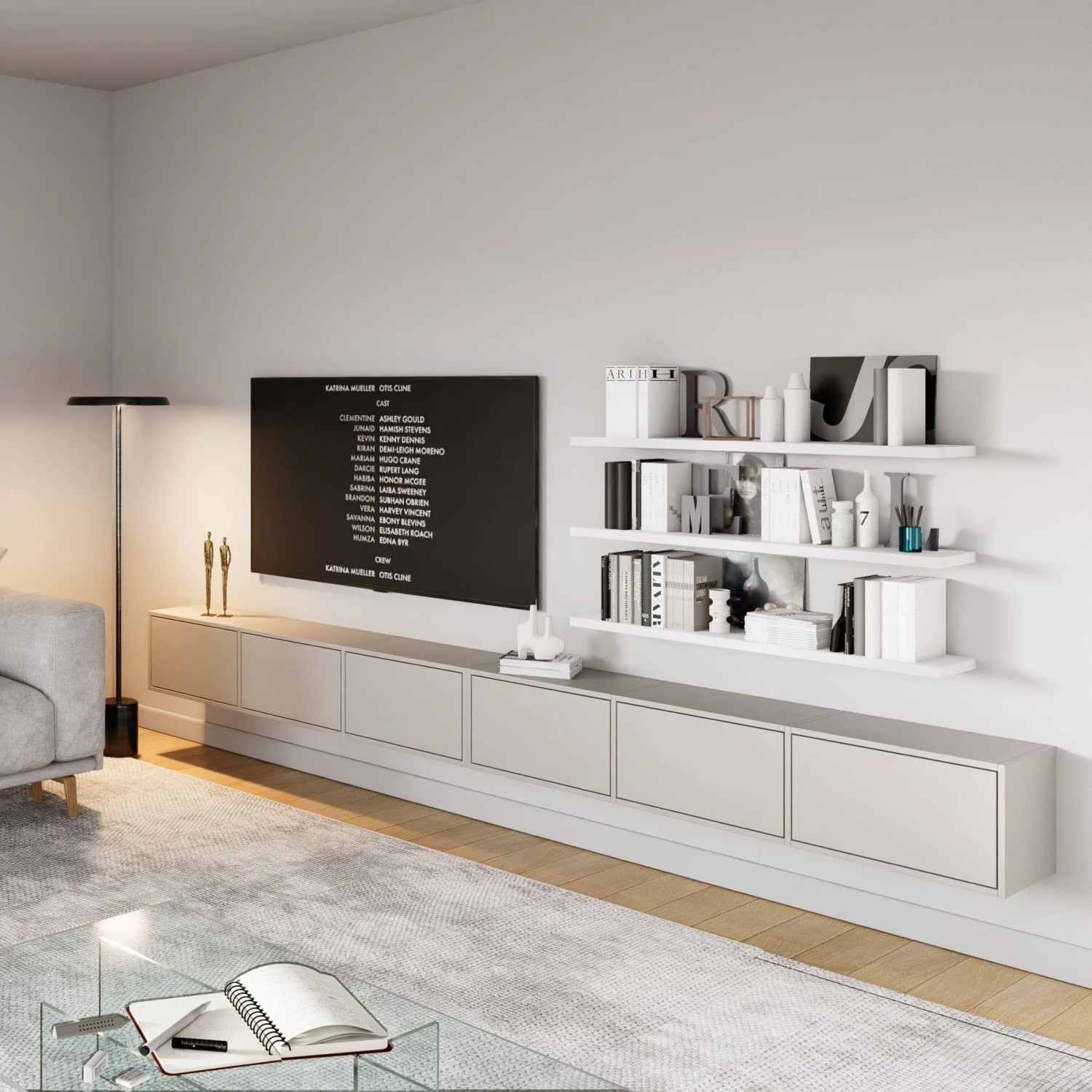 Selsey TV-Hängeboard Framme 300 cm in Kaschmirgrau, wandmontiert, grifflos, im modernen Wohnzimmer unter einem TV.