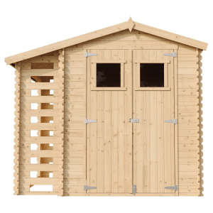 Timbela Holz-Gartenhaus M386, beige-braun, mit Doppeltür und integriertem Holzunterstand.