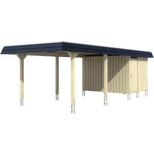 Skan Holz Carport Wendland mit Anbau, naturfarben, mit schwarzem Alu-Dach und Blende.