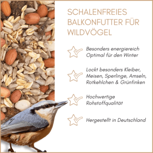 Schalenfreies Supravit Balkonfutter für Wildvögel: Körnermischung mit Nüssen und Kleiber. Energiereich, ganzjährig.