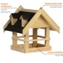 Vogelhaus Noir aus hellem Massivholz mit schwarzem Bitumen-Spitzdach und Gauben. Leicht befüllbarer Futterplatz.