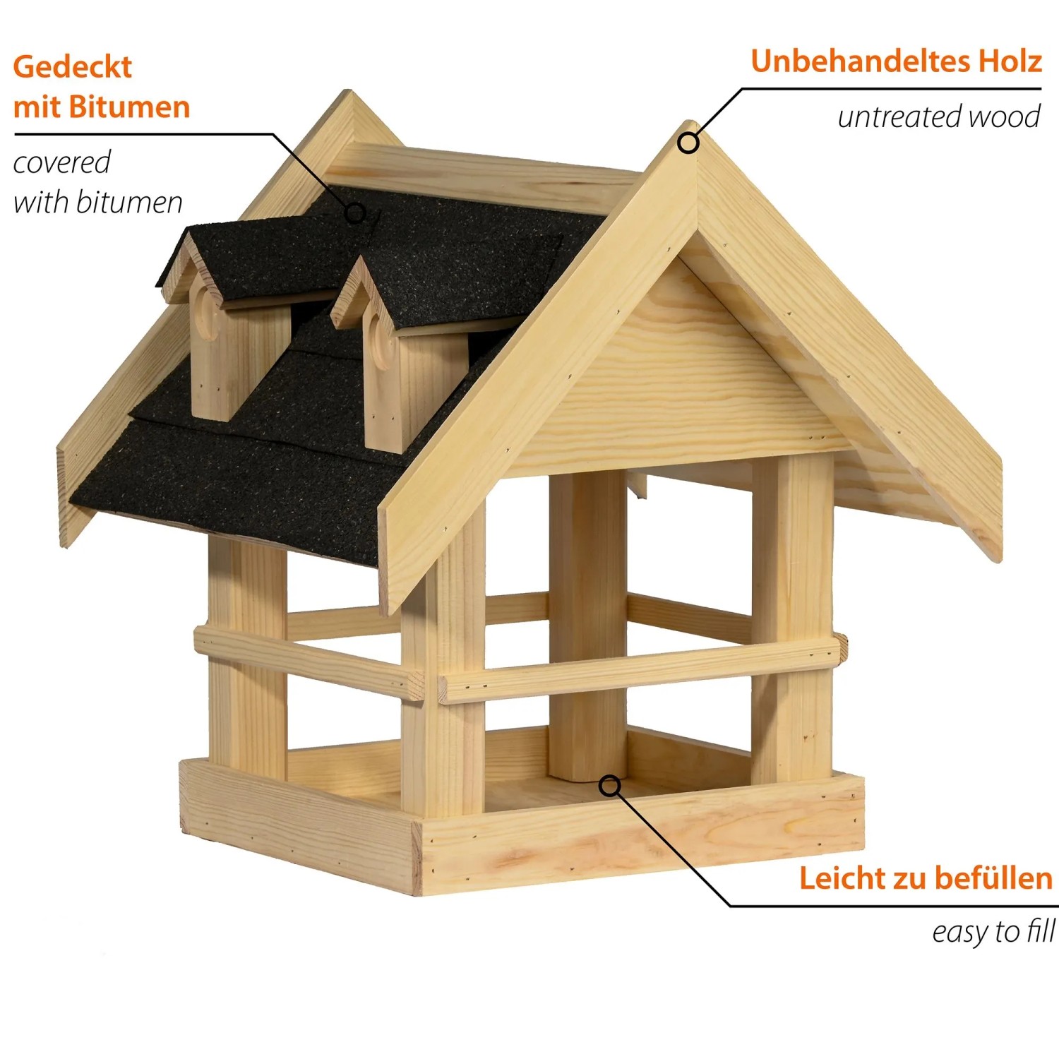 Vogelhaus Noir aus hellem Massivholz mit schwarzem Bitumen-Spitzdach und Gauben. Leicht befüllbarer Futterplatz.