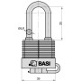 Technisches Diagramm Basi Vorhangschloss 39mm mit hohem Bügel, Maße 39x35mm, Bügelstärke 6,8mm.