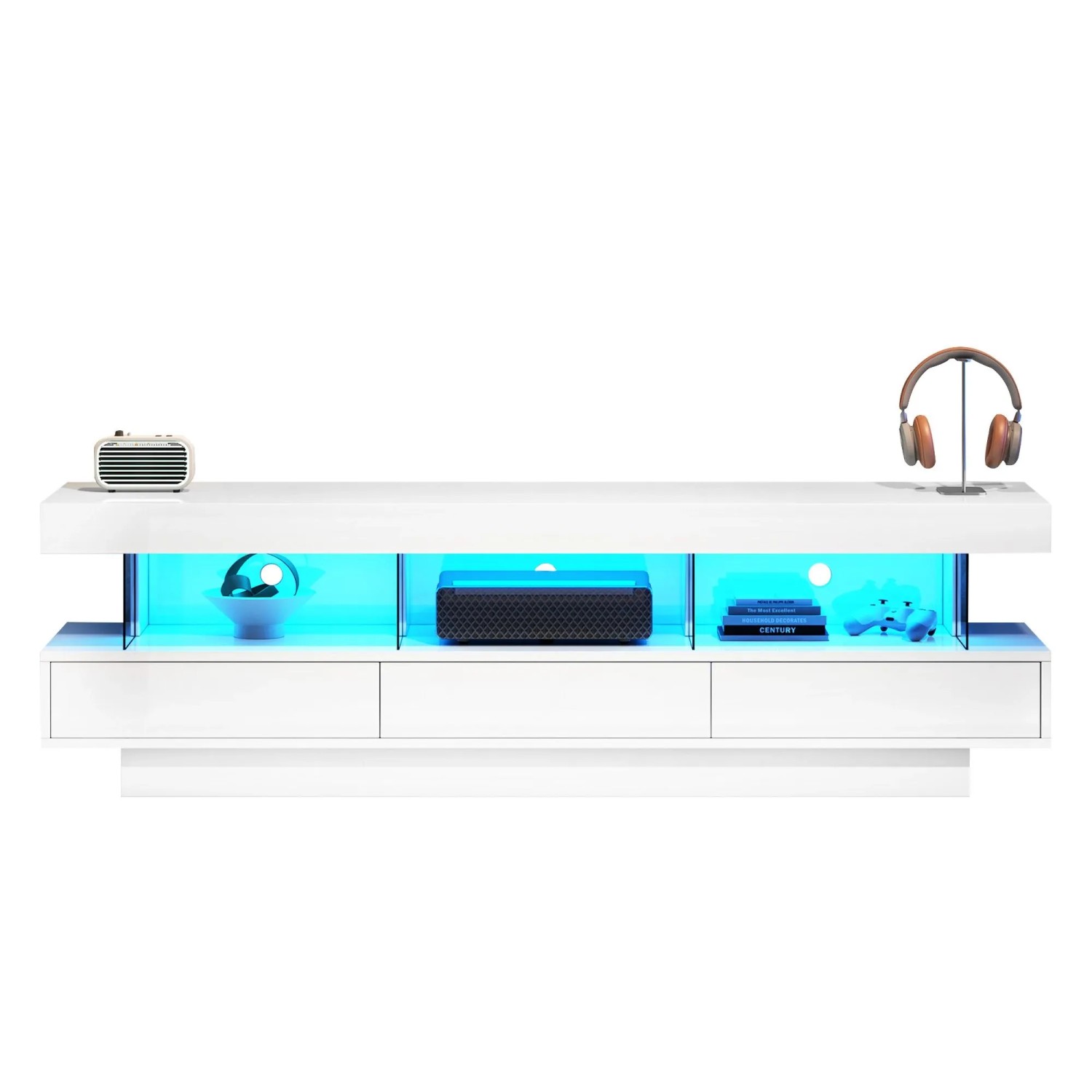 okwish TV Schrank LED Hochglanz Glas App Steuerung Wohnzimmer 70 Zoll 160x38x50cm Weiß_9