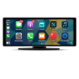JUNSUN 10 Zoll Portable Autoradio mit Touchscreen. Schwarzes Display zeigt CarPlay/Android Auto Apps, inkl. Halterung.