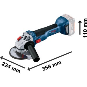 Bosch Professional GWS 18V-10 Akku-Winkelschleifer mit Akku, Seitenhandgriff und Schleifscheibe.
