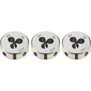 LUX Schneideisen-Set M2/M3/M4 für Rechtsgewinde in Metall, zylindrische Form.