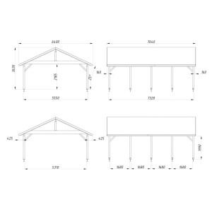 Technische Zeichnung: Palmako Carport Robert, 555x732 cm, hellbraun, Maße und Ansichten.