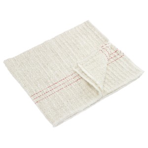 Beiges Grobgarn Bodentuch aus Baumwolle mit roten Ziernähten, gefaltet.