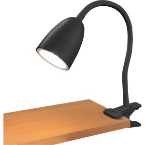 Schwarze LED-Klemmleuchte Vidorni mit flexiblem Hals zur Tisch- oder Bettbefestigung.