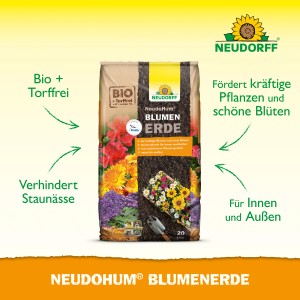 Sack Neudorff NeudoHum BlumenErde 20L, torffreie Universalerde für Zimmer-, Balkon- und Terrassenpflanzen.