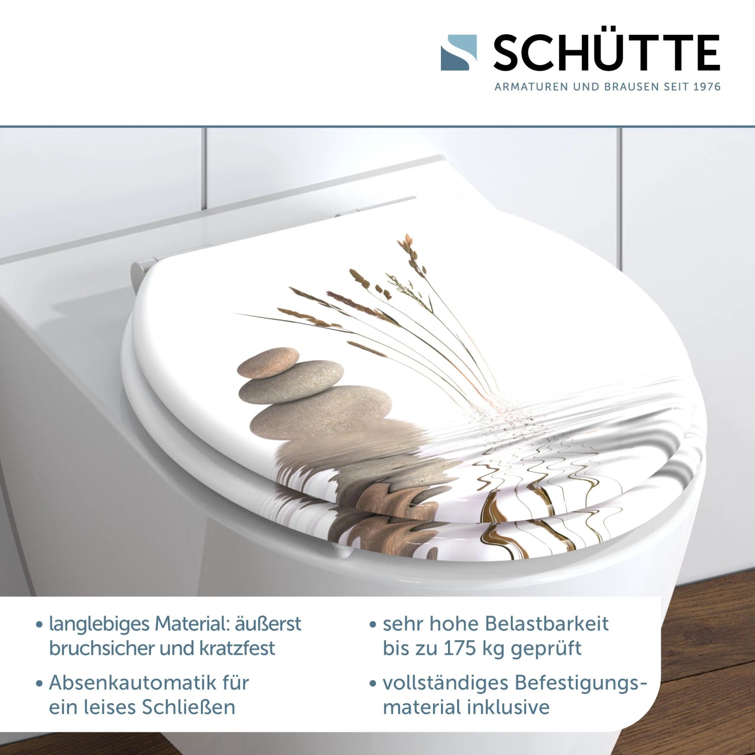 Schütte WC-Sitz Balance mit Holzkern und Absenkautomatik, Dekor Steine und Gräser auf weißem Grund.