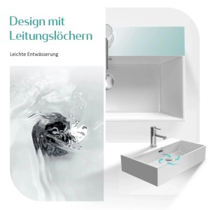 Weißes Emke Keramik-Waschbecken mit Hahnloch und Ablauf, zeigt Wasserfluss. Modernes Design für Bad, Aufsatz- oder Wandmontage.