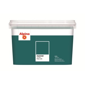 Alpina Innenfarbe Pantone Deep Lake, 2,5 L, mattes Cyan in weißem Eimer. Hochdeckende Wandfarbe.