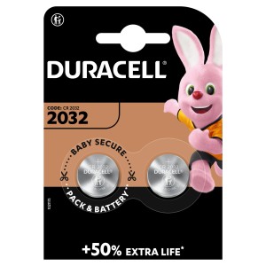 Duracell CR2032 Lithium Knopfzellen 2er-Pack, kindersicher verpackt.