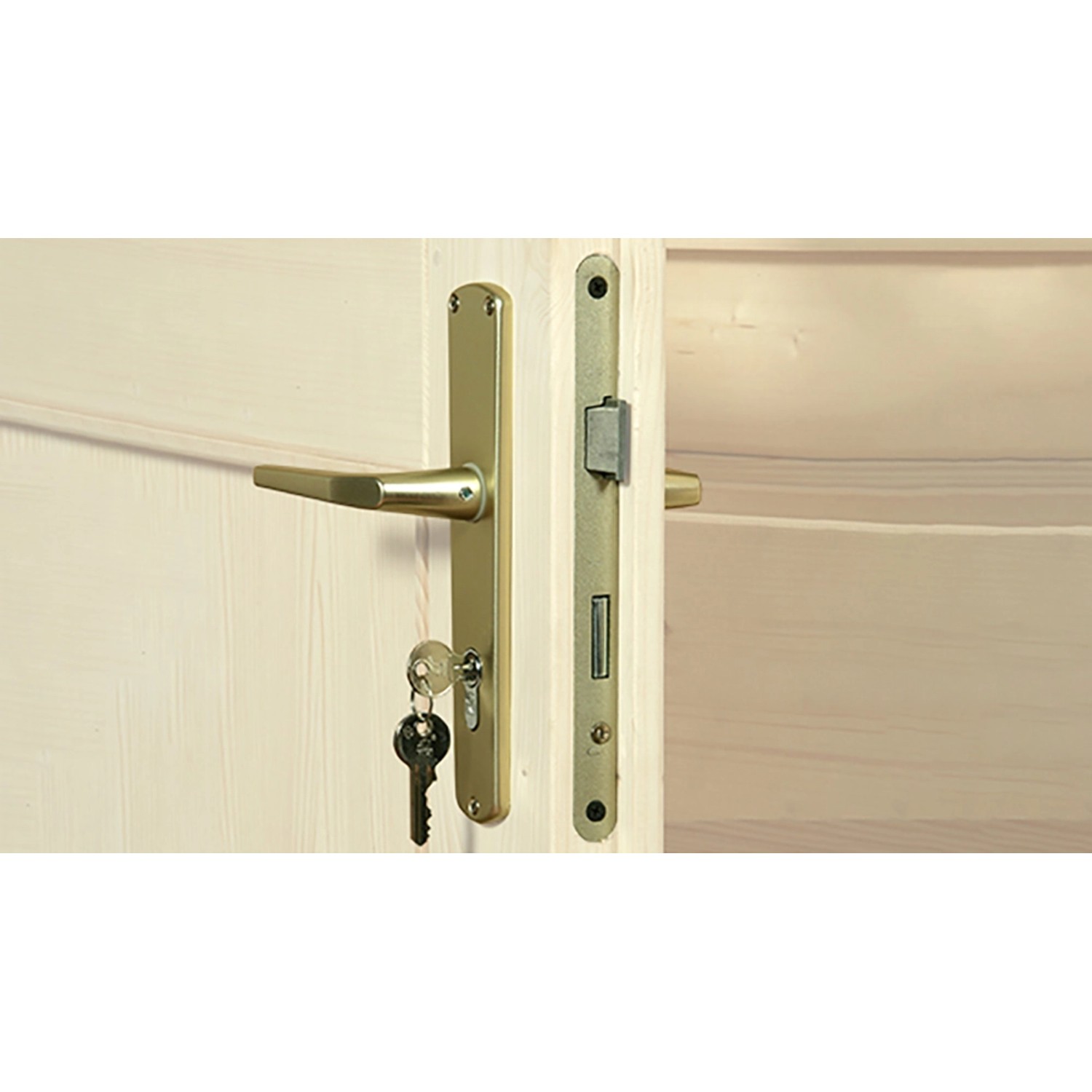 Detailaufnahme: Griff und Schloss der Doppeltür für weka Gartenhaus, inklusive Schlüssel.