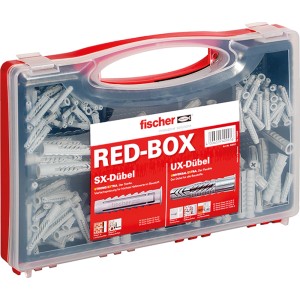 Fischer Duopower Redbox Dübel-Sortiment, 280-teilig in transparenter Box mit rotem Rand.