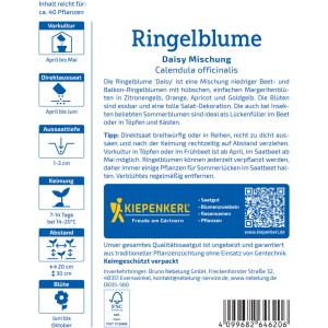 Kiepenkerl Ringelblume Daisy Mischung Saatgutpackung mit Infos zu Aussaat und Blütezeit.