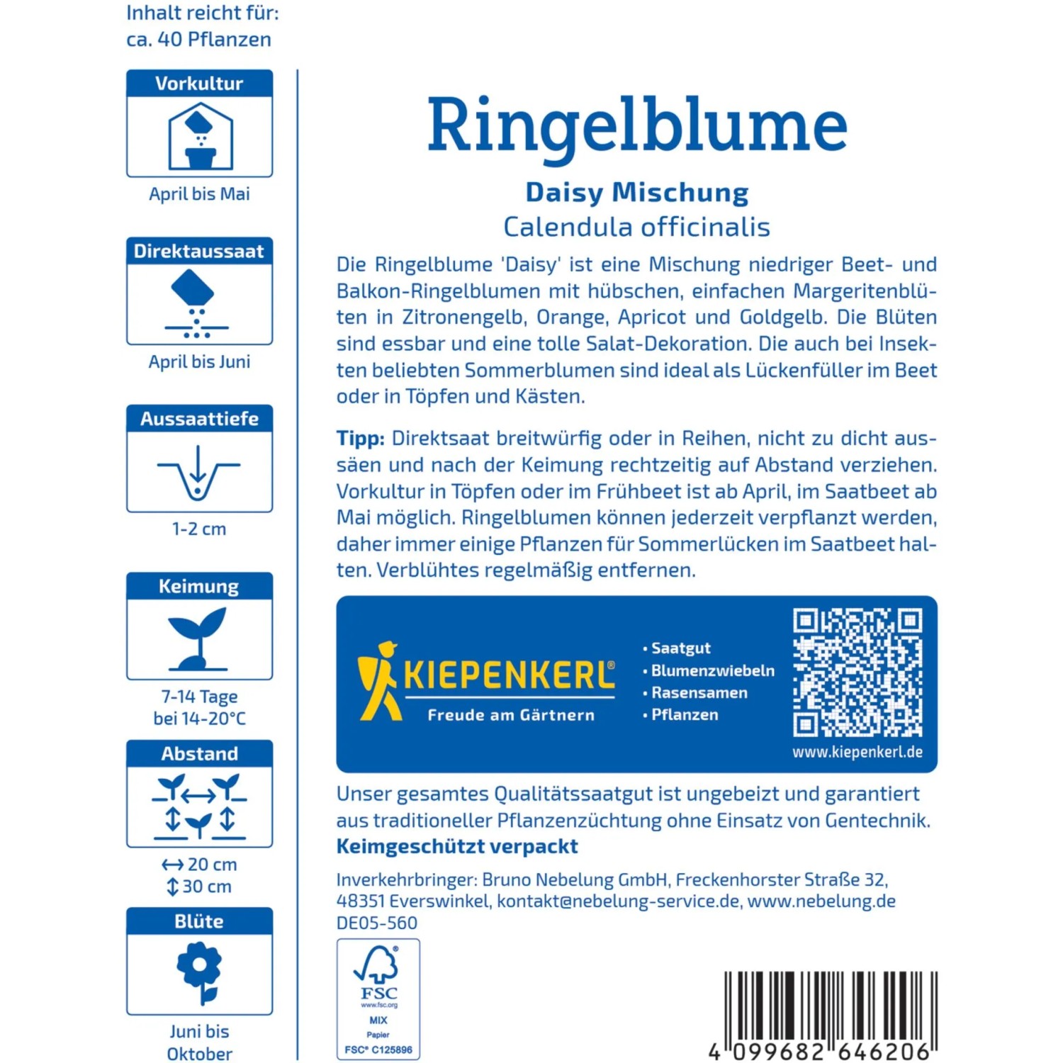 Kiepenkerl Ringelblume Daisy Mischung Saatgutpackung mit Infos zu Aussaat und Blütezeit.