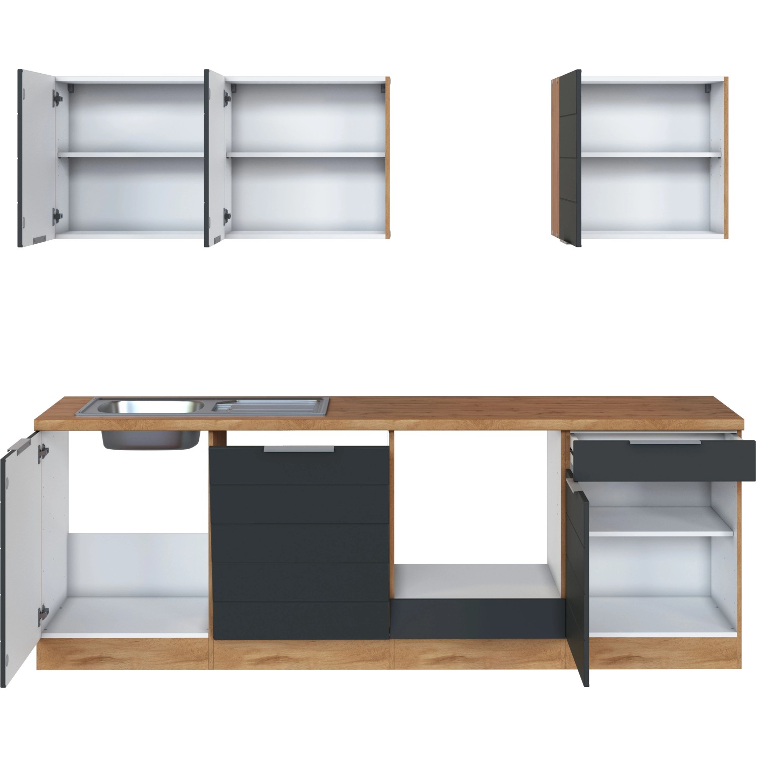 Held Möbel Küchenzeile 240 cm in Grau-Wotaneiche ohne E-Geräte mit Spüle und Schubladen.