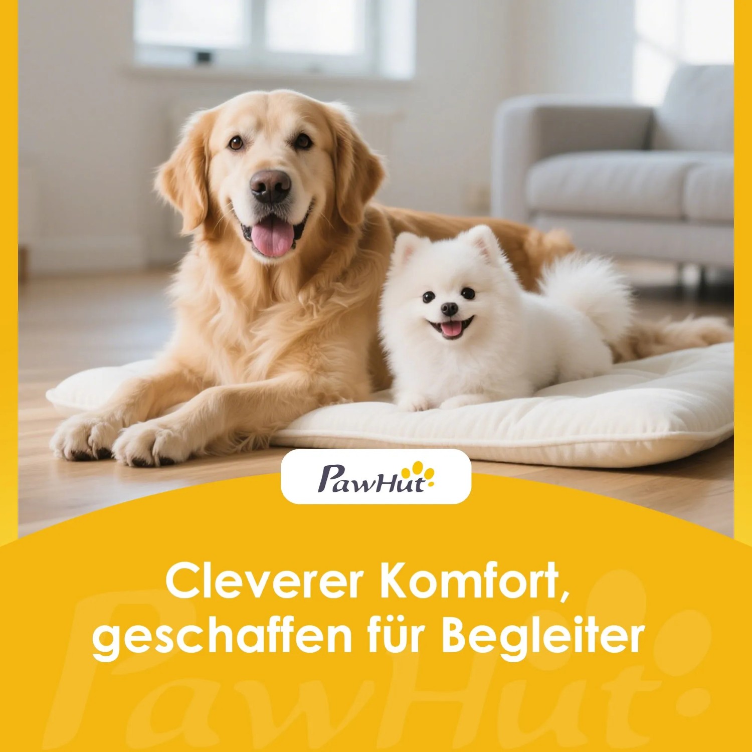 PawHut: Golden Retriever und weißer Hund liegen entspannt auf Kissen. Cleverer Komfort für Hunde.