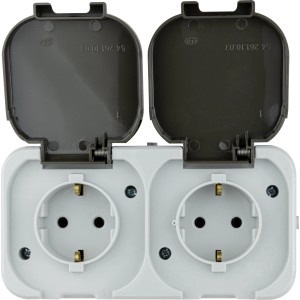 REV Ritter AquaTop Feuchtraum-Steckdose, 2-fach, waagerecht, grau, mit Klappdeckel.