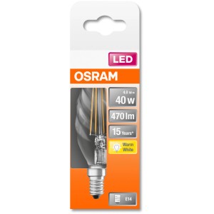 Osram LED E14 Kerze, 4W, warmweiß, 470lm, 10x3,5cm. Energiesparendes Leuchtmittel für stimmungsvolle Beleuchtung.