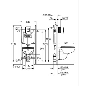 Grohe Wand-WC-Set Solido Compact: Technische Zeichnung mit Installationsmaßen für Spülkasten und WC.