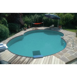 Grauer BWT Achtformpool 4,7x3x1,2m im Garten mit Holzdeck und Steinplattenumrandung.