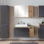 Badmöbel-Set Ancona: Hängeschrank in Grau-Wotaneiche, Waschbeckenunterschrank, Spiegelschrank und Seitenschrank.