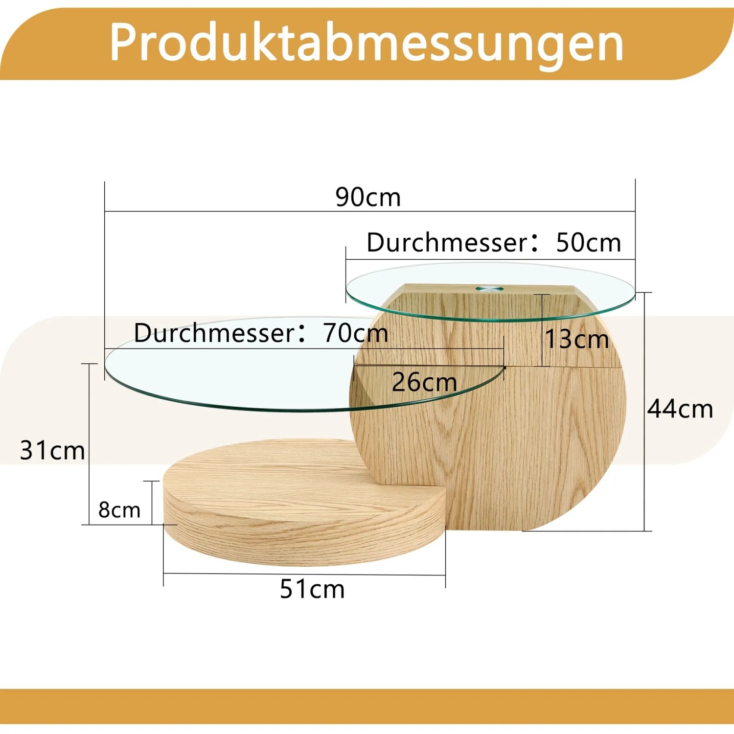 okwish Couchtisch mit Glas und Zwei Ebenen für Wohnzimmer 90x70x44 cm Natur_5