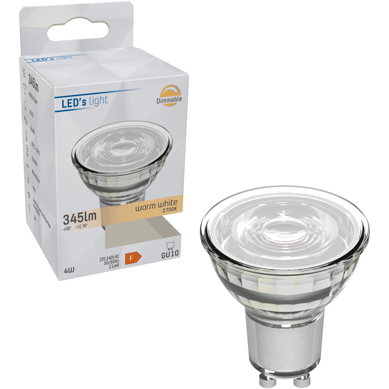 GU10 LED Spot MR16, 4W, warmweiß, dimmbar. Leuchtmittel für Wohn- und Essbereich.