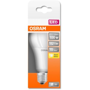 Osram LED-Lampe E27, 13W, Glühlampenform, 1521 Lumen, warmweiß, in Verpackung.